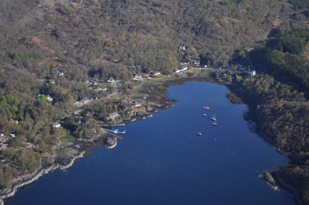 Aerial view of Salen Bay on Loch Sunart with moored boats